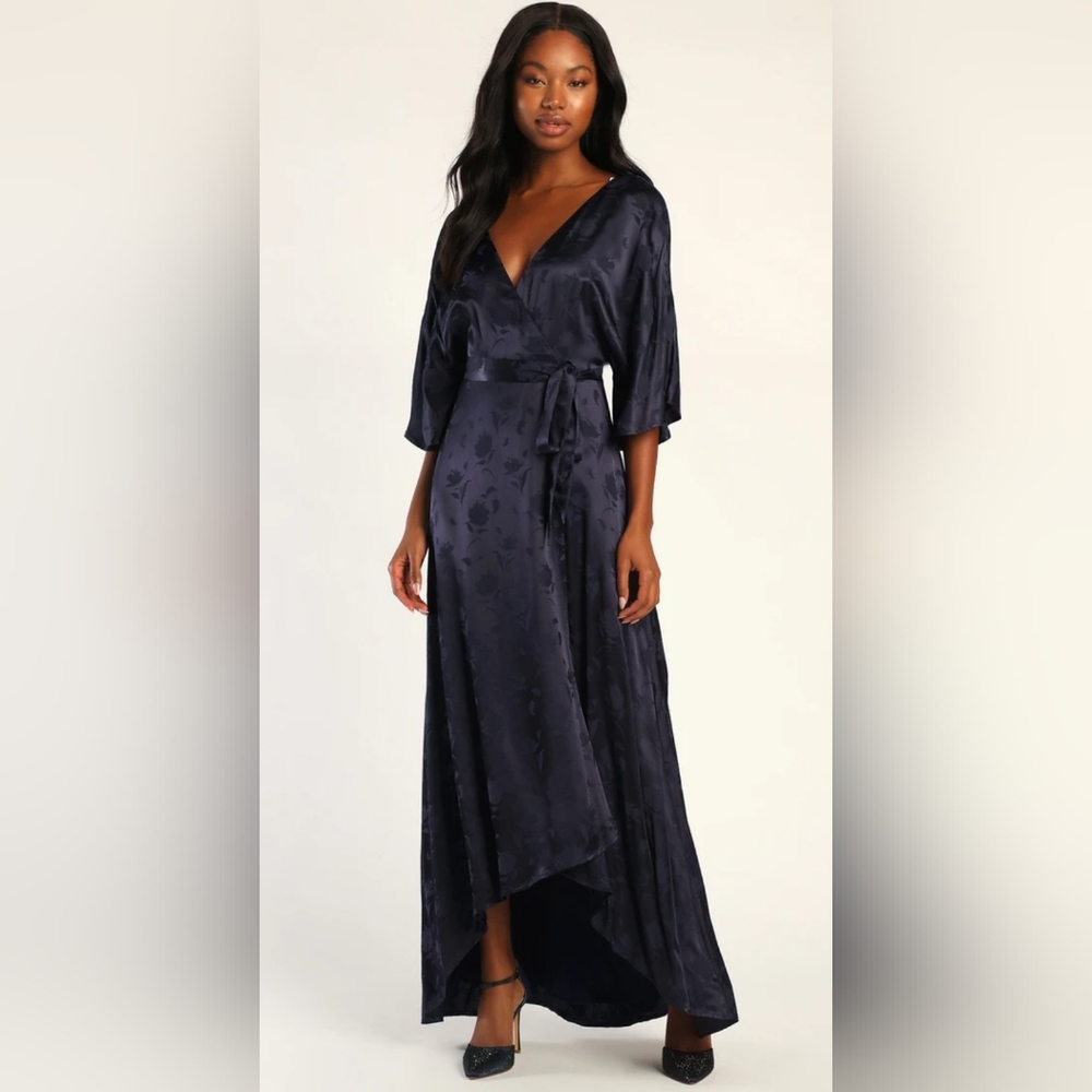 NWT Navy Blue Lulus Satin Jacquard Maxi Dress